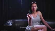 Fitness instructor Nastya is smoking and giving an interview about smoking