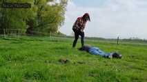 With the face in the horse manure