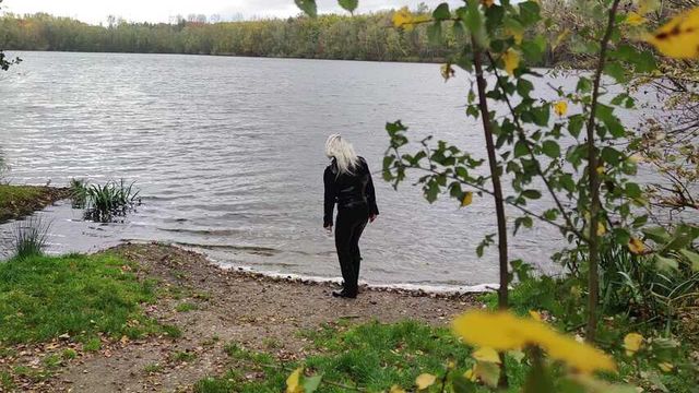 Hunter boots peeping by the wild wanker at the lake