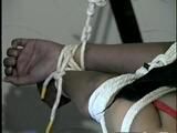 28 YR OLD MOM HANDS TIED UP TO CEILING, CLEAVE GAGGED, TIT TIED & HOG-TIED ON SOFA (D54-9)