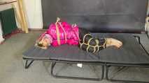 A custom Video with Myxxxy bound, gagged and vibed in a shiny nylon downjacket
