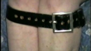 28 YR OLD BEAUTIFUL DOE EYED REBECCA IS LEATHER BELT TIED, BAREFOOT, TOE TIED, MOUTH STUFFED WITH A SPONGE & BLINDFOLDED (D49-4)