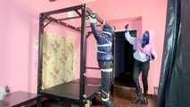 Breathplay Sebastien tied to an iron structure.