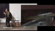 Mistress Cleo squirts cologne into the mouth of the slave lying in the toilet. Picture in Picture