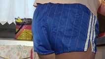 Watching ***OUR SEXY PIA*** wearing a sexy blue striped shiny nylon shorts and a white tshirt  posing for you in the kitchen doing her housework (Video)