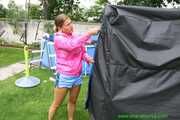 Watch Sandra preparing for Tabletennis in her shiny nylon Shorts