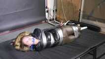 Rachel Adams bound, gagged and suspended in shiny nylon Down