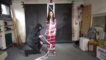 Aiyana in a shiny nylon red rainsuit and a see through PVC Rainjacket, tied gagged, hooded and vibed
