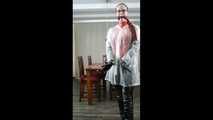 Selfbondage in full PVC outfit and transparent raincoat