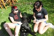 Jill and a friend basking wearing sexy shiny nylon shorts and tops (Pics)