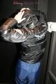 Jill going in the cellar wearing a sexy blue rain pants and a black shiny nylon down jacket (pics)