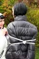 Jill ties her friend in shiny downjackets