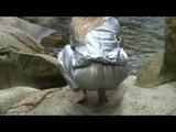 Sophie enjoying the water and weather on a river wearing supersexy grey sauna pvc rainwear (Video)