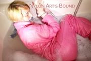 Sonja ties and gagges herself in the bath tub with cuffs wearing sexy shiny nylon downwear (Pics)