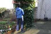 Watching sexy Destiny wearing a sexy blue shiny nlon downbib and a shiny nylon blue down jacket lingering around in the garden (Pics)