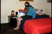 19 YR OLD NURSE'S AID  TIES, HANDCUFFS AND GAGS HERSELF AND IS MOUTH STUFFED, CLEAVE GAGGED, BLINDFOLDED & TIED TO A CHAIR (D68-11)
