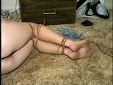 BIG TITS KIM, NUDE, CROTCH ROPED, ACE BANDAGE GAGGED, BALL-TIED, FOOT TICKLED & TOE-TIED WITH RAWHIDE (D39-3)