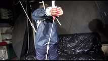 ***SPECIAL*** SEXY SANDRA tied and gagged overhead with special crotchrope wearing a sexy blue really shiny nylon rain pants and an oldschool shiny nylon rain jacket (Video)