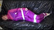 Mara tied and gagged on a sofa wearing sexy pink/purple downwear (Video)