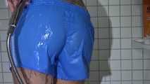 SEXY SANDRA in the shower with a sexy lightblue shiny nylon shorts and a top (Video)