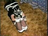 BOUND IN BLACK PANTIES, DRESS, GARTER BELT, HEELS & CLEAVE GAG SUZIE (D24-14)
