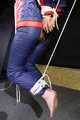 SEXY SONJA tied and gagged with ropes and a clothgag suspended wearing a sexy red/blue downwear combination (Pics)