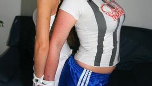 Jill and Petra tied and gagged in shiny shorts