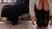Cara cleans the floor in white shirt and black glossy leggins