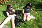 Jill and a friend basking wearing sexy shiny nylon shorts and tops (Pics)