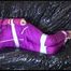 Mara tied and gagged on a sofa wearing sexy pink/purple downwear (Video)