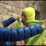Pia tied and gagged on a princess bed wearing a sexy black nylon shorts and a yellow rain jacket (Video)