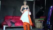 Watching sexy Pia wearing a sexy shiny nylon downwear and rainwear combination during (Video)