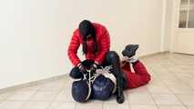 Breathplay Sebastien in a puffer jacket in hogtied.