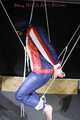 SEXY SONJA tied and gagged with ropes and a clothgag suspended wearing a sexy red/blue downwear combination (Pics)