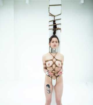 Kinbaku waitress in shiny metal