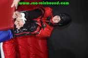 Sexy PIA wearing a sexy blue rainbib and a black/red shiny nylon rainjacket being tied, gagged and hooded on a chair with ropes and a ballgag (Pics)