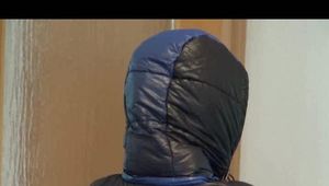 Jill wearing a super thin black rain pants and a black/blue down jacket while cleaning the kitchen (Video)