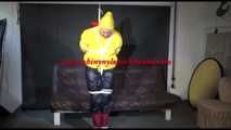 MARA tied and gagged overhead with ropes and a ballgag wearing a super sexy super shiny black rain pants, rubber boots and a yellow down jacket (Video)