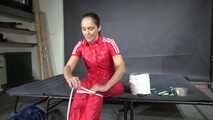 Rachel Adams in shinynylon Jumpsuit doing Selfbondage  