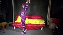 Watching sexy Sonja wearing a supersexy purple shiny nylon rainwear combination being tied and gagged overhead with ropes and a clothgag (Video)