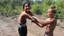 Dana and La Pulya - Bag racing in trash bags with taped hands and feet  (video)