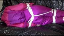 Mara tied and gagged on a sofa wearing sexy pink/purple downwear (Video)