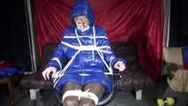 Sexy SONJA wearing a hot downwear combination being tied and gagged with ropes and a clothgag on a hairdressers chair covered with a raincape (Video)