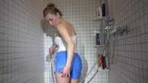 SEXY SANDRA in the shower with a sexy lightblue shiny nylon shorts and a top (Video)