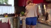 Watching ***OUR SEXY PIA*** wearing a sexy blue striped shiny nylon shorts and a white tshirt  posing for you in the kitchen doing her housework (Video)