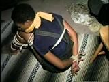 BLACK COLLEGE STUDENT BALL-TIED, BAREFOOT, TOE-TIED & CLEAVE GAGGED (D40-4)