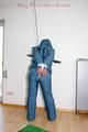 Jill tied, gagged and hooded wearing a shiny blue downwear (Pics)