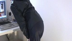 Marlin doing PC work wearing a hot rainwear combination (Video)