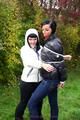 Jill ties her friend in shiny downjackets