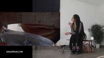 Mistress Cleo squirts cologne into the mouth of the slave lying in the toilet. Picture in Picture